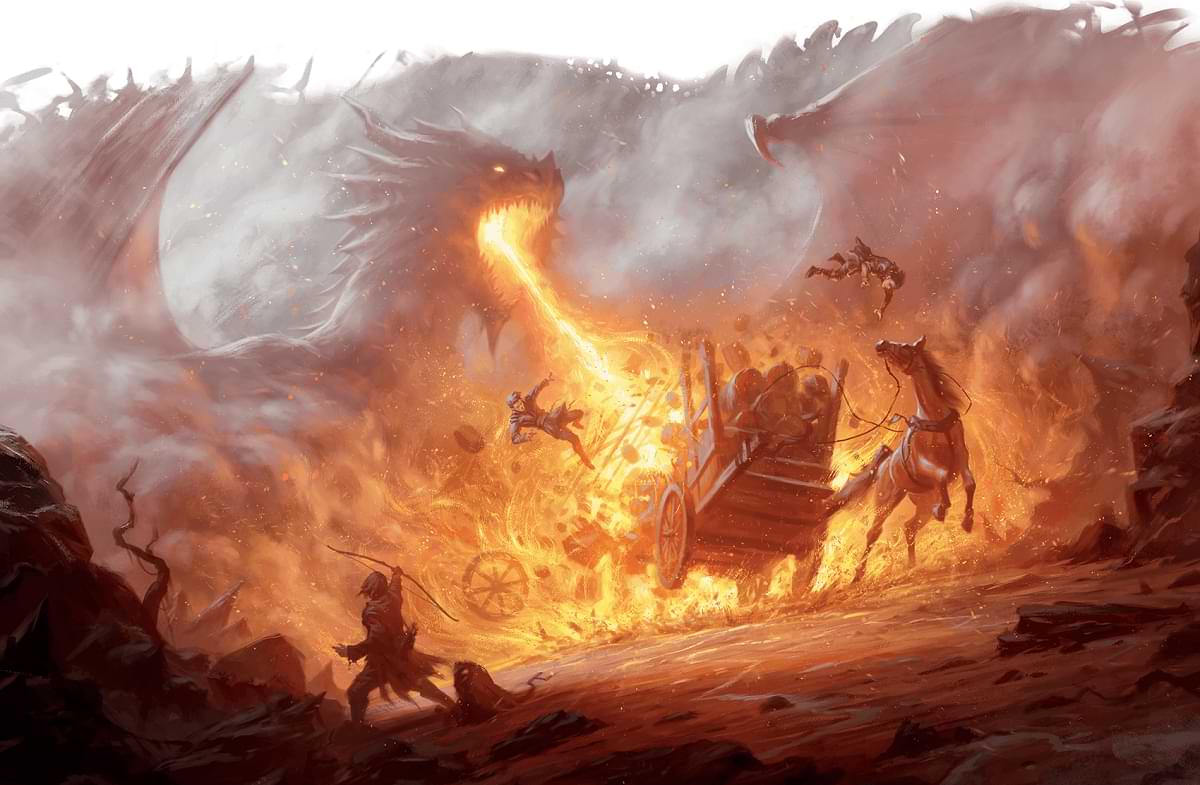 A dragon spitting fire in a war zone
