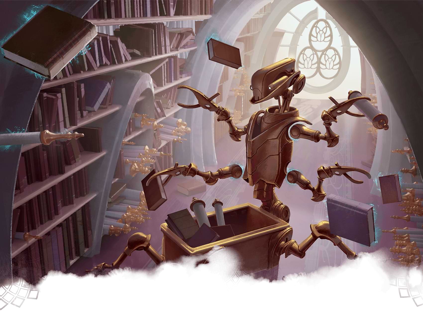 A golden robot handling books in a library